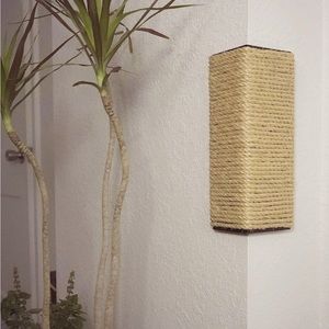 Wall Corner Cat Scratching Post 12 Inch Tall, Stained Pine, Sisal Rope